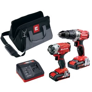 image of Einhell Power-X-Change 18V Cordless Combi & Impact Driver Twin Pack with 2 x 2.0AH Li-Ion Battery and Tool Bag