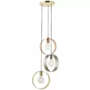 Image of 3 Bulb Multi Light Hanging Ceiling Pendant Brushed Copper Nickel & Brass Hoops