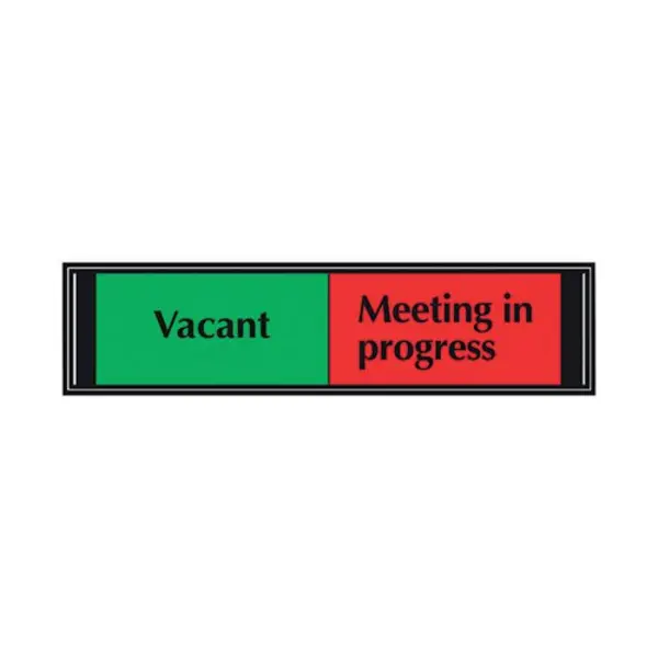 image of Stewart Superior Sliding Sign Vacant/Meeting In Progress Self Adhesive 225x52mm V6DB/VP