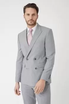 Image of Slim Fit Double Breasted Light Grey Textured Suit Jacket