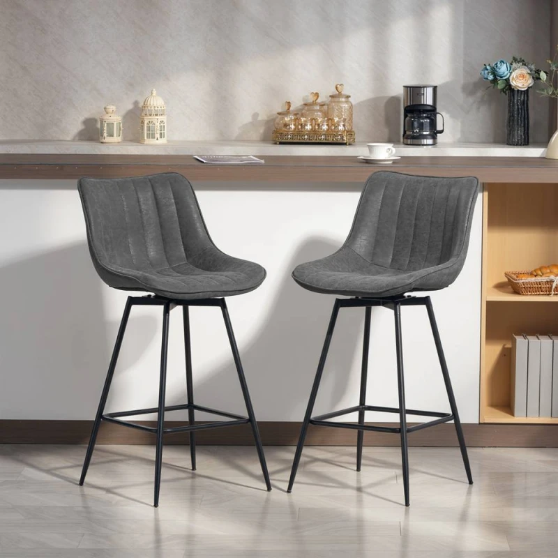 Image of HOMCOM Swivel Bar Stools Set of 2, PU Leather Upholstered Bar Chairs, Grey Grey Unisex