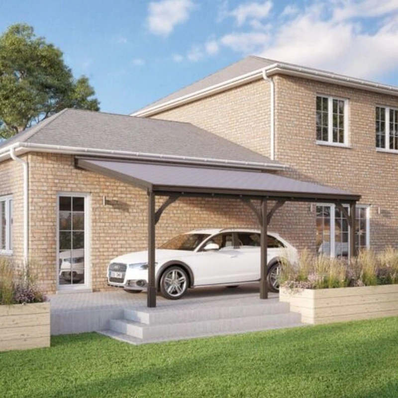 Image of Felt Shingle Roof Car Port 3 Post - Wood - L200 X W434cm - Rustic Brown