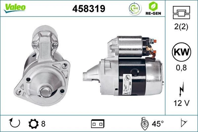 Image of VALEO 458319 Starter motor REMANUFACTURED PREMIUM, 0,8kW, 12V, Number of Teeth: 8 Starter (2)