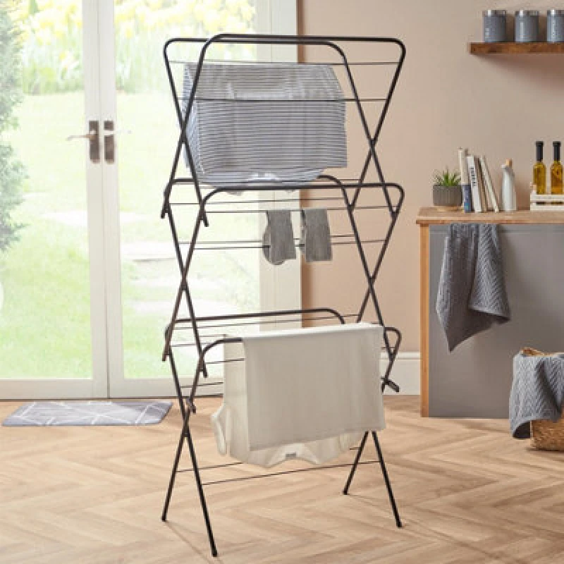 Image of OHS OHS 3 Tier Clothes Dryer Airer Foldable Clothing Rack Drying Horse 15m in Black One Size Unisex 5027434216208