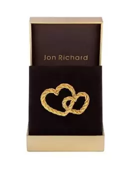 image of Jon Richard Gold Plated Textured Double Heart Brooch - Gift Boxed, Gold, Women