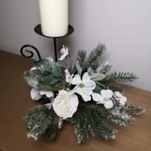 image of 30cm Decorated Candle Holder Centrepiece with Snow Flocked Winter Flowers