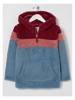 Image of FatFace Girls Colourblock Fleece Hooded Top - Blue, Size Age: 8-9 Years, Women