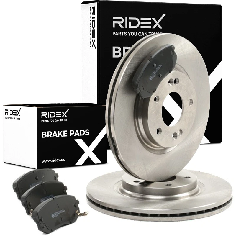 Image of RIDEX 3405B0946 Brake disc and pads set Front Axle, Brake Disc Type: internally vented, with acoustic wear warning Brake Set,disc brakes (3405)