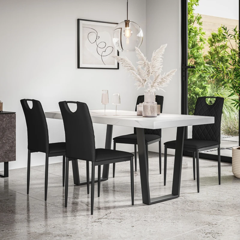 Image of More4Homes Aria Dining Table And Chairs - White Marble Effect Table Top W Black Legs + Monza Faux Leather Dining Chair Set Of 4 (Black)