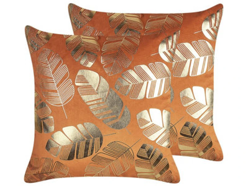 Image of Beliani Set Of 2 Decorative Cushions Sunflower Velvet 45 X 45cm Orange Plant Pattern