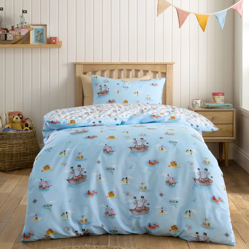 Image of Belle & Boo Pirates Reversible Cotton Duvet Cover Set Blue unisex Double