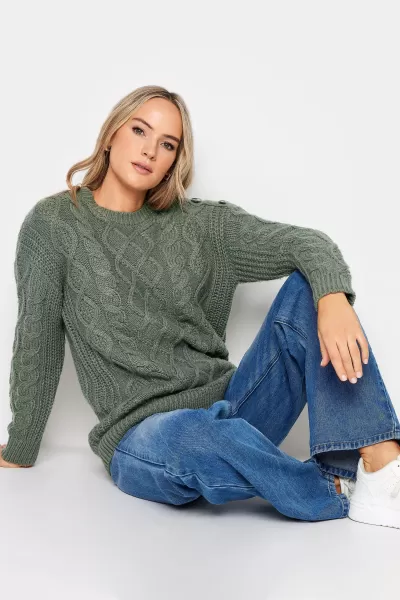 Image of Long Tall Sally Grey Cable Button Neck Jumper, Grey, Size 14-16, Women