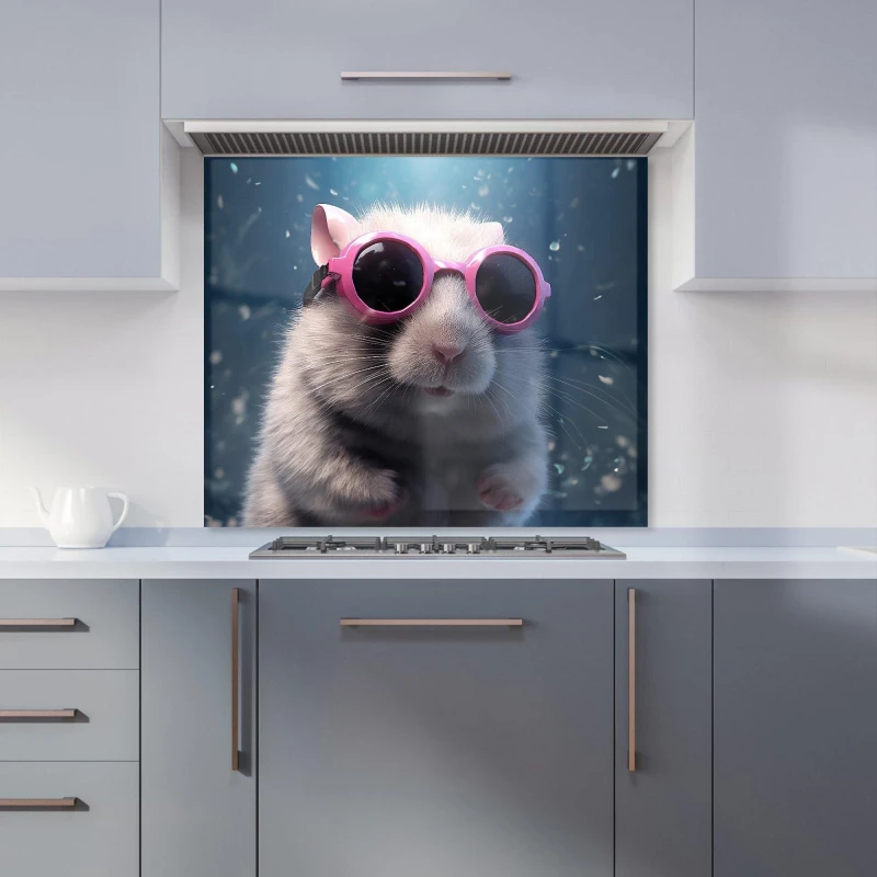 Image of Warren Reed - Designer Splashart DoorMouse with Pink Glasses Kitchen Splashback Size: 600mm x 750mm Pink Unisex 600mm x 750mm