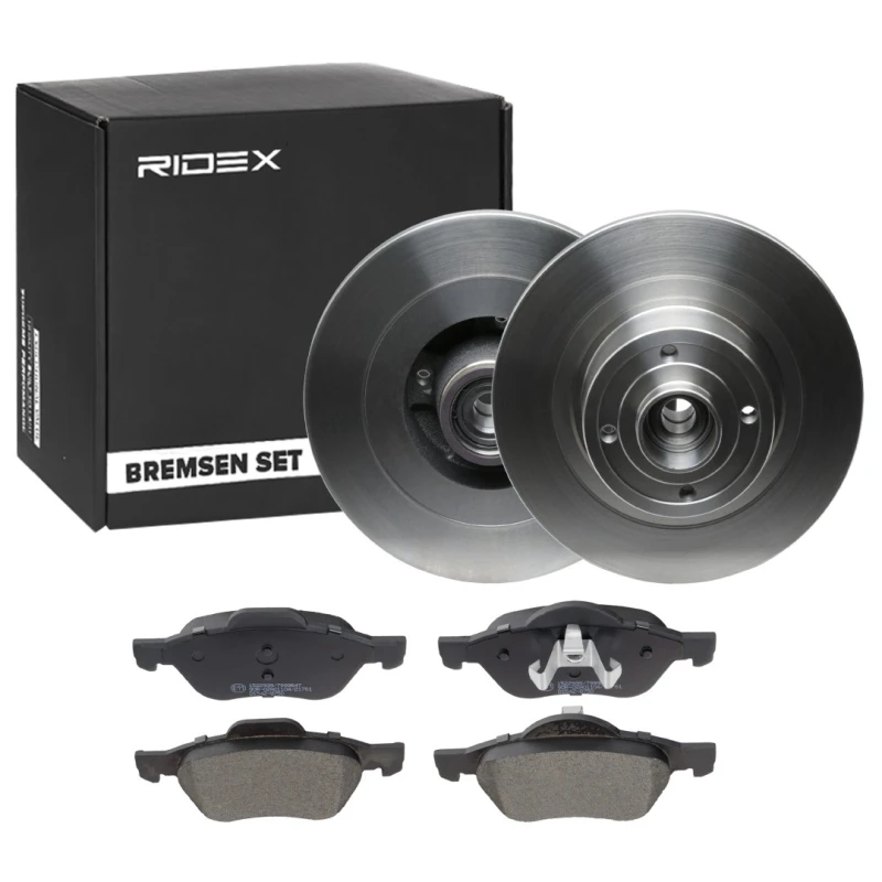 Image of RIDEX 3405B1509 Brake disc and pads set Front Axle, Brake Disc Type: Solid, excl. wear warning contact Brake Set,disc brakes (3405)