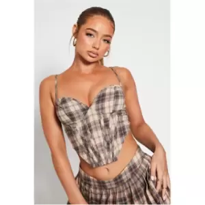 Image of I Saw It First Check Print V-Front Tailored Crop Top - Brown