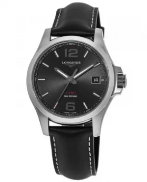 Image of Longines Conquest V.H.P. 41mm Black Dial Black Leather Strap Mens Watch L3.716.4.56.2 L3.716.4.56.2