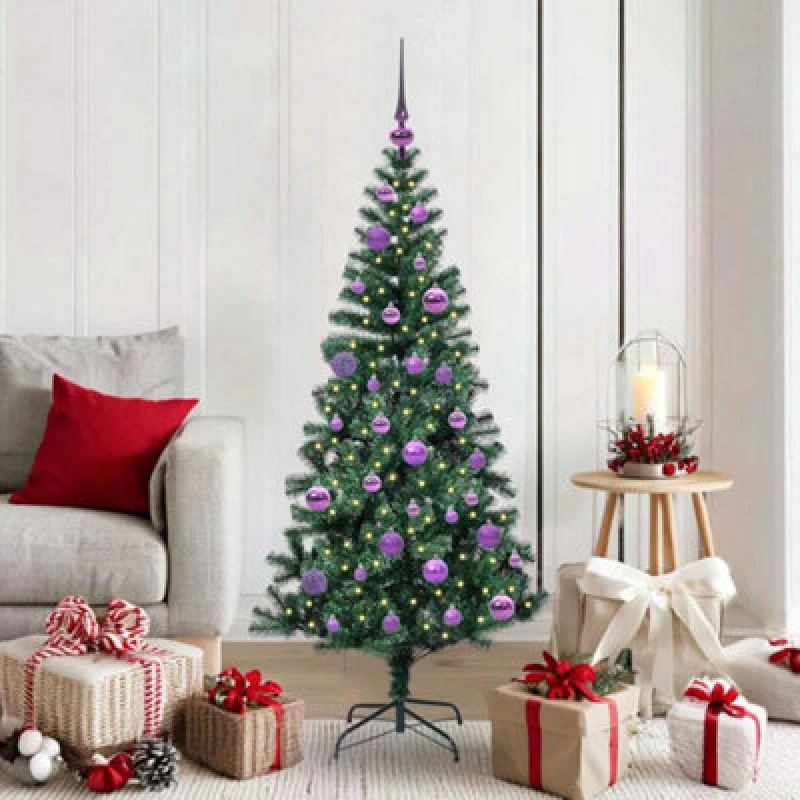 Image of vidaXL Artificial Pre-lit Christmas Tree with Lilac Balls Green 150cm PVC and Metal, Green 3396755