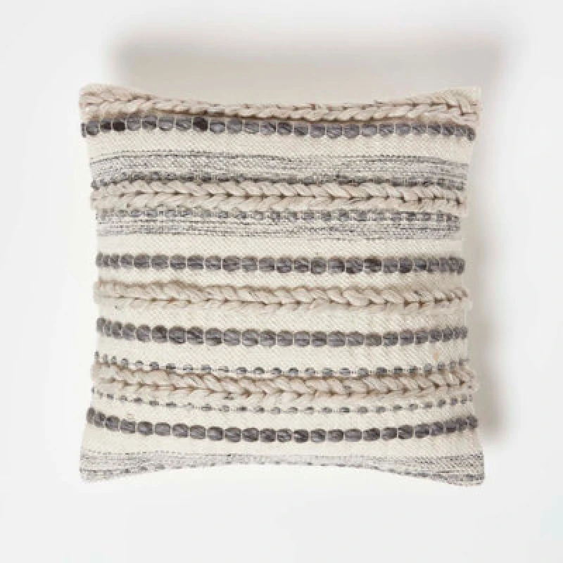 Image of Homescapes Fyn Handwoven Braided Beige & Grey Kilim Cushion Grey