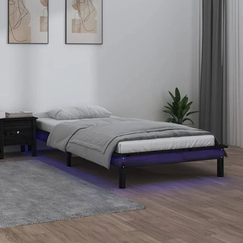 Image of vidaXL LED Bed Frame Black 90x200cm Solid Wood, Black 820595