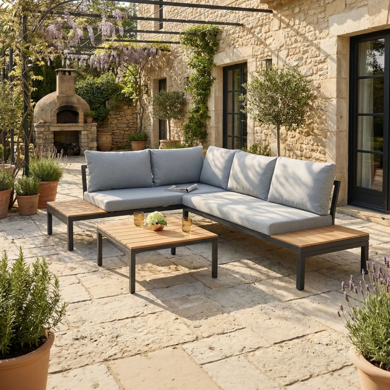 Image of Home Garden Direct Rhea - Platform Corner Sofa - 4 Seater Garden Set with Table in Grey Grey Unisex
