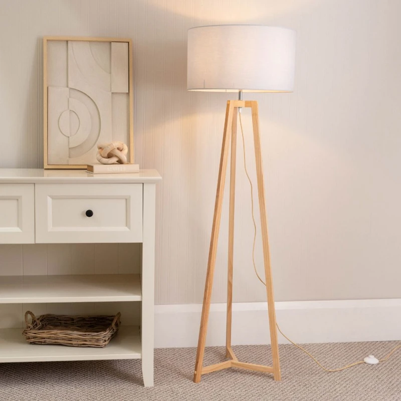 Image of ValueLights Lottie Natural Wood Tripod Floor Lamp with Fabric Drum Shade White