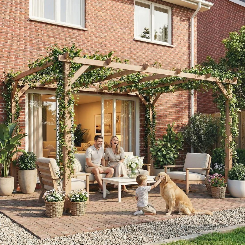 Image of Outsunny 4X3 M Garden Wooden Pergola Gazebo Grape Trellis, Maple Wood-effect, Multi 84C-718V00DR