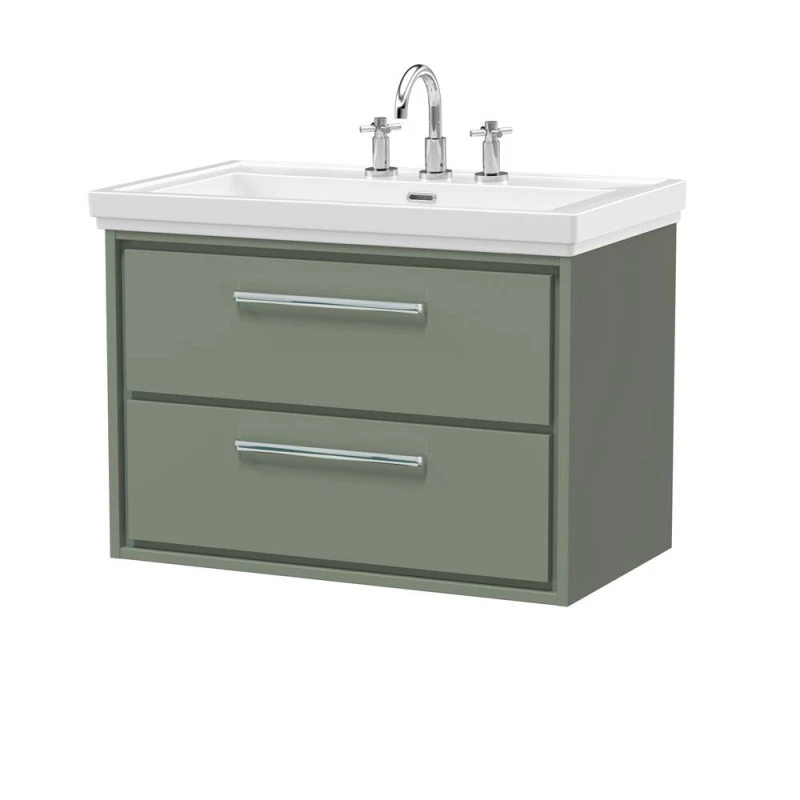 Image of Balterley Bathroom Wall Hung 2-Drawer Vanity Unit, Fireclay Basin, Green, 800mm in Green Green Unisex