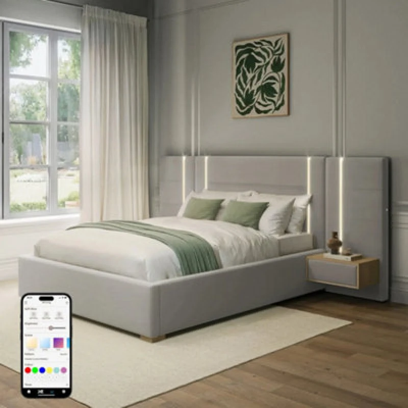 Image of X Rocker Xr Living Amelia Ottoman Double Hotel Bed With Bedside Tables And App Controlled Lights - Grey