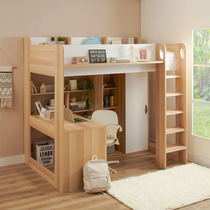 Image of Flair Ava High Sleeper Bed with Desk, Wardrobe & Storage in Light Oak Size: Single Light Oak Unisex Single