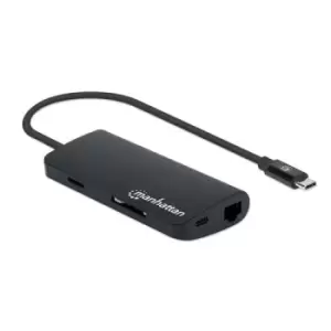 Image of Manhattan USB-C Dock/Hub with Card Reader Ports (x5): Ethernet USB-A (3) and USB-C With Power Delivery to USB-C Port (100W) 5 Gbps (USB 3.2 Gen1 aka U
