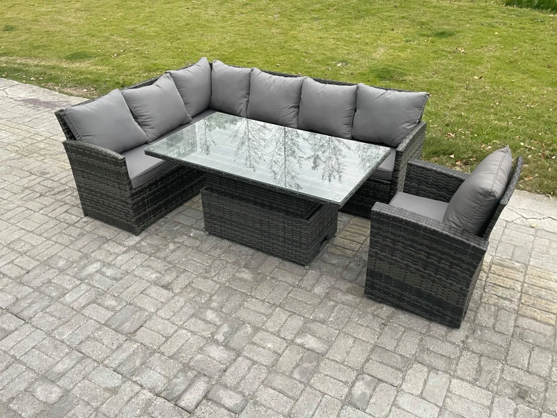 Image of Fimous Wicker PE Outdoor Rattan Garden Furniture Set Height Adjustable Rising Lifting Table Sofa Dining Set with Armchair Dark Grey Mixed Dark Grey Un