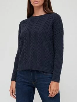 Image of Superdry Dropped Shoulder Cable Knit Crew Neck Jumper - Navy, Blue, Size 10, Women