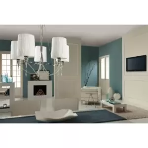 Image of Lucca pendant lamp 5 bulbs E27, polished chrome with white lampshades & transparent crystal