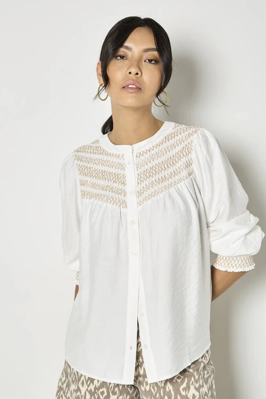 Image of Apricot Womens Wavy Embroidered Smocked Blouse in White Size: 12 White Female 12