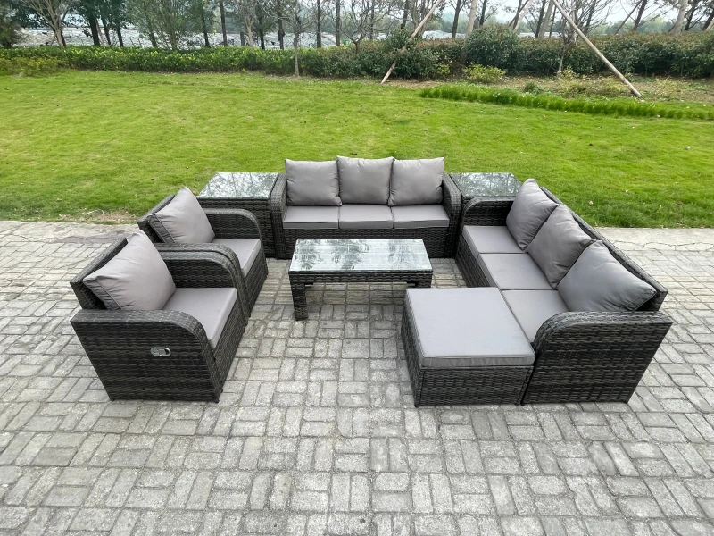Image of Fimous 9 Seater Wicker PE Rattan Sofa Set Outdoor Patio Garden Furniture with 2 Reclining Chairs Coffee Table 2 Side Tables Big Footstool Dark Grey