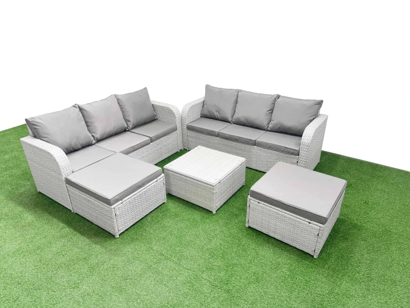 Image of Fimous Outdoor Garden Furniture Sets 8 Seater Wicker Rattan Furniture Sofa Sets with Square Coffee Table high Back Lounge Sofa 2 Big Footstool Light G