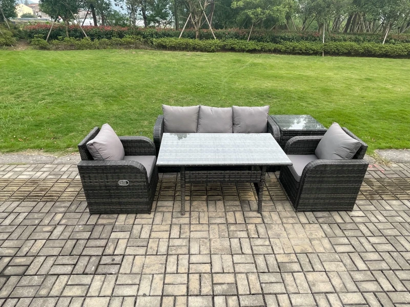 Image of Fimous Wicker Rattan Garden Furniture Set Outdoor Rectangular Dining Table & Chair Sofa Set With Side Table in Dark Grey Dark Grey Unisex