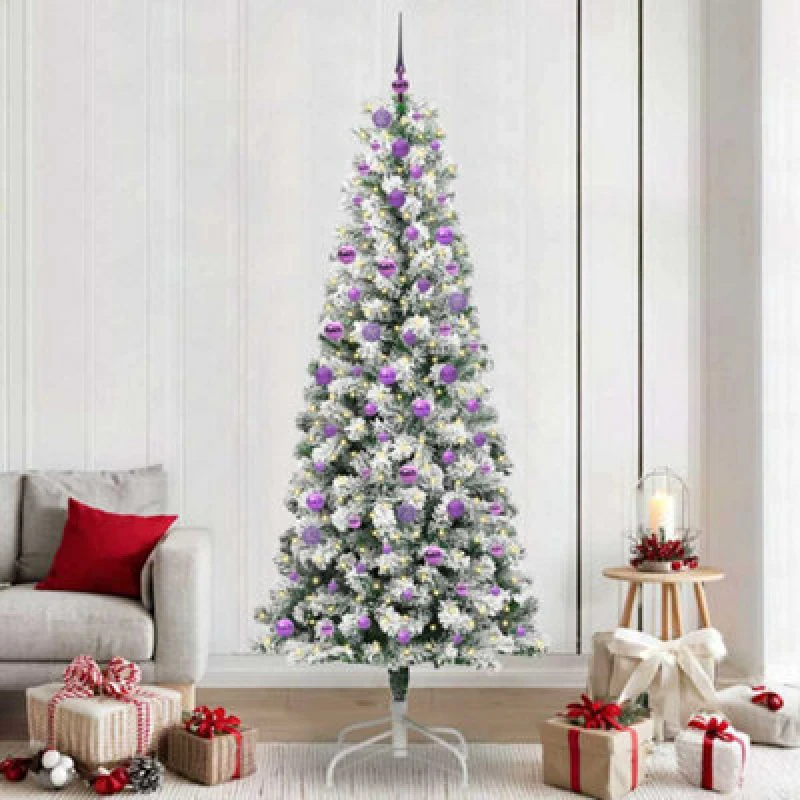 Image of vidaXL Artificial Hinged Christmas Tree with Lilac Balls Green and white 240 cm, Green 3395619