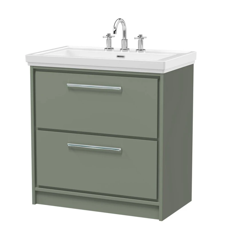 Image of Balterley Bathroom Floor 2-Drawer Vanity Unit with Fireclay Basin, Green, 800mm in Green Green Unisex