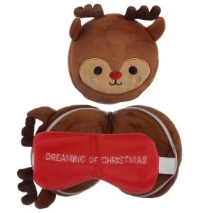 image of Relaxeazzz Plush Christmas Reindeer Round Travel Pillow & Eye Mask