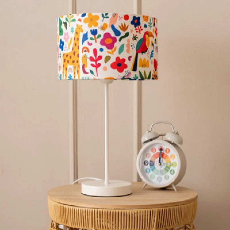 Image of ValueLights Charlie White Metal Single Stem Table Lamp with Tropical Lamp Shade Multi