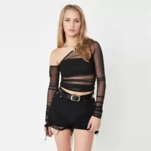 Missguided Mesh One Shoulder Crop Top - Black