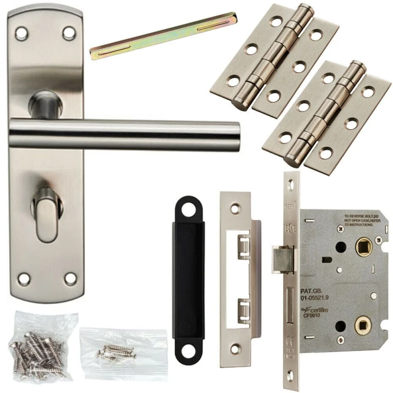 Image of Loops Door Handle & Bathroom Lock Pack Satin Steel Modern Straight T Bar Backplate Metallics