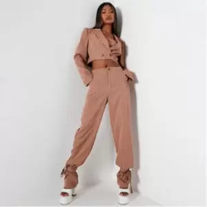 image of I Saw It First Pinstripe Cuffed Tailored Trousers - Brown