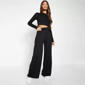 image of I Saw It First Petite Rib Wide Leg High Waist Trousers - Black