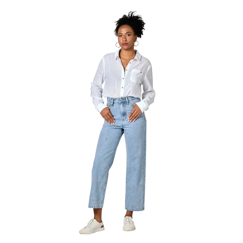 Image of F.A.M. Paris Embroidered cropped straight jeans For Her F.A.M. Paris Pola Embro Bleu Female 24
