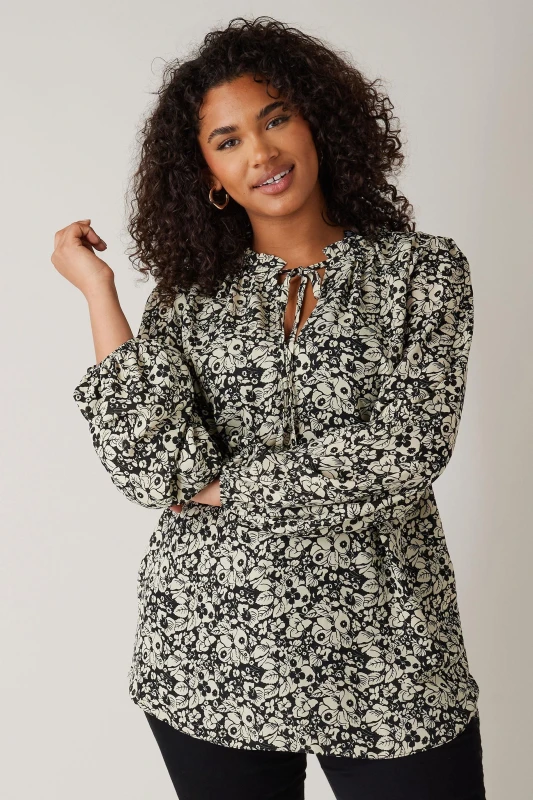 Image of Evans Tie Neck Blouse Black