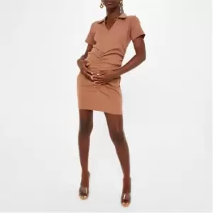 Missguided Rib Ruched Maternity Polo Mini Dress - Brown