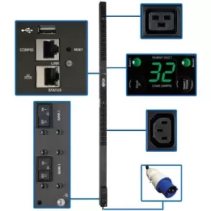 image of Tripp Lite PDUMNV32HV2LX 7.7kW Single-Phase Monitored PDU LX Interface 200-240V Outlets (36 C13/6 C19) IEC 309 32A Blue 10 ft. (3.05 m) Cord 0U 1.8m/7