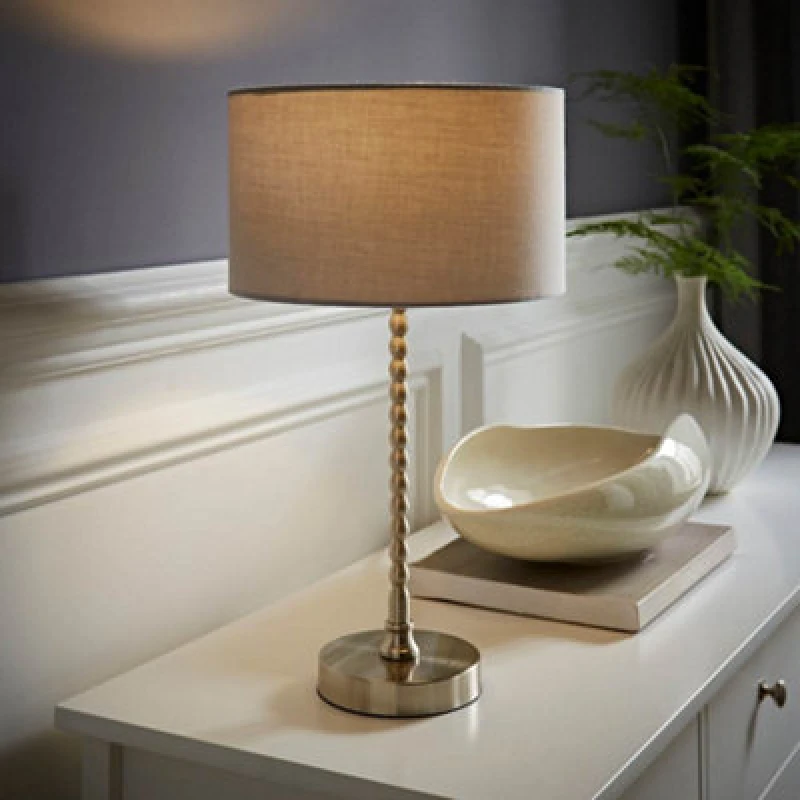 Image of ValueLights ValueLights Maeve Fabric Drum Lamp Shade Brushed Chrome Bobbin Bobble Table Lamp in Grey Grey One Size Unisex 5059406065156